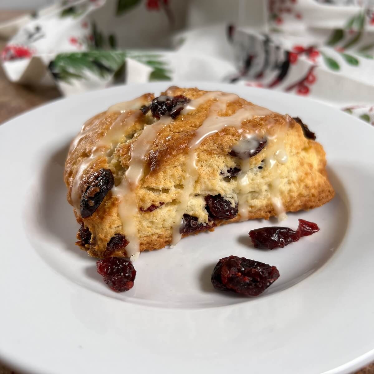 Orange Cranberry scone on a white plate.