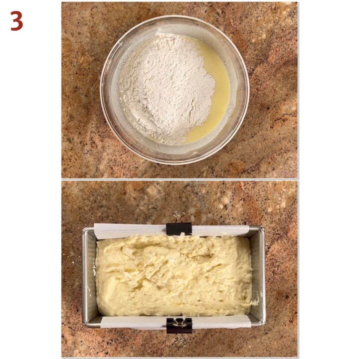 Collage of the limoncello cake batter before mixing and in the baking pan.