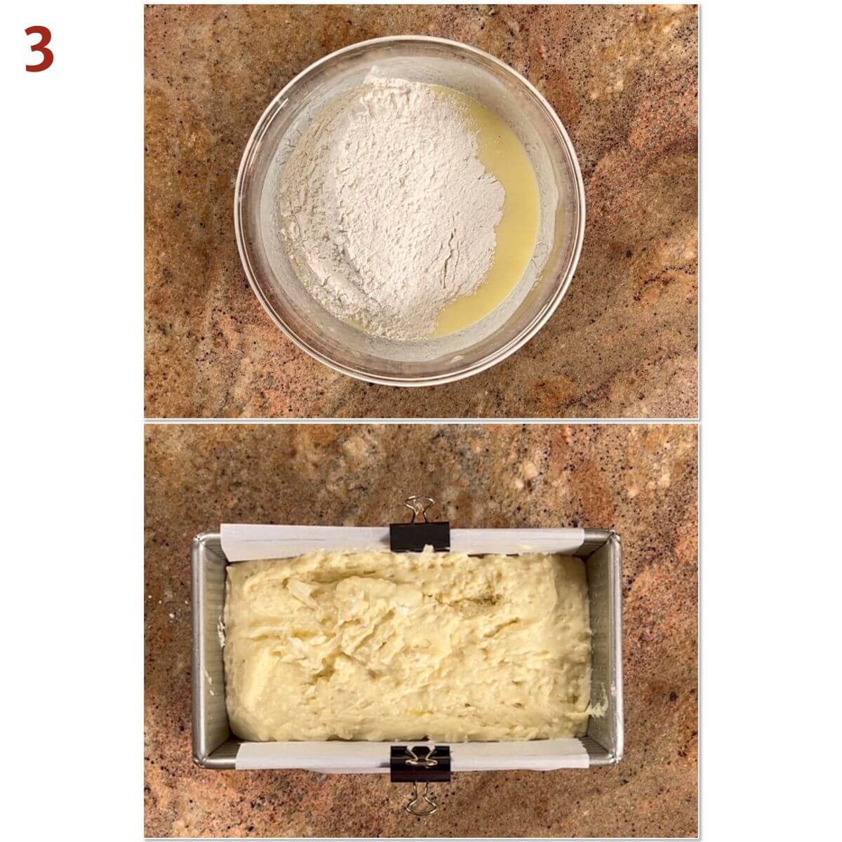 Collage of the limoncello cake batter before mixing and in the baking pan.