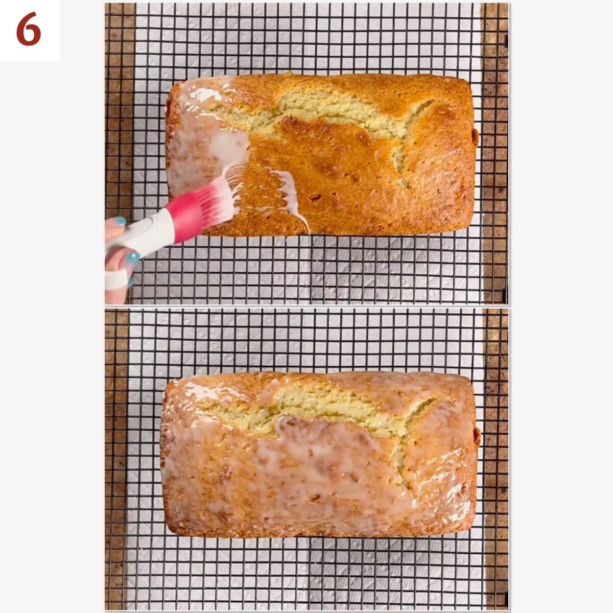 Collage of before and after glazing the limoncello cake for the first time.