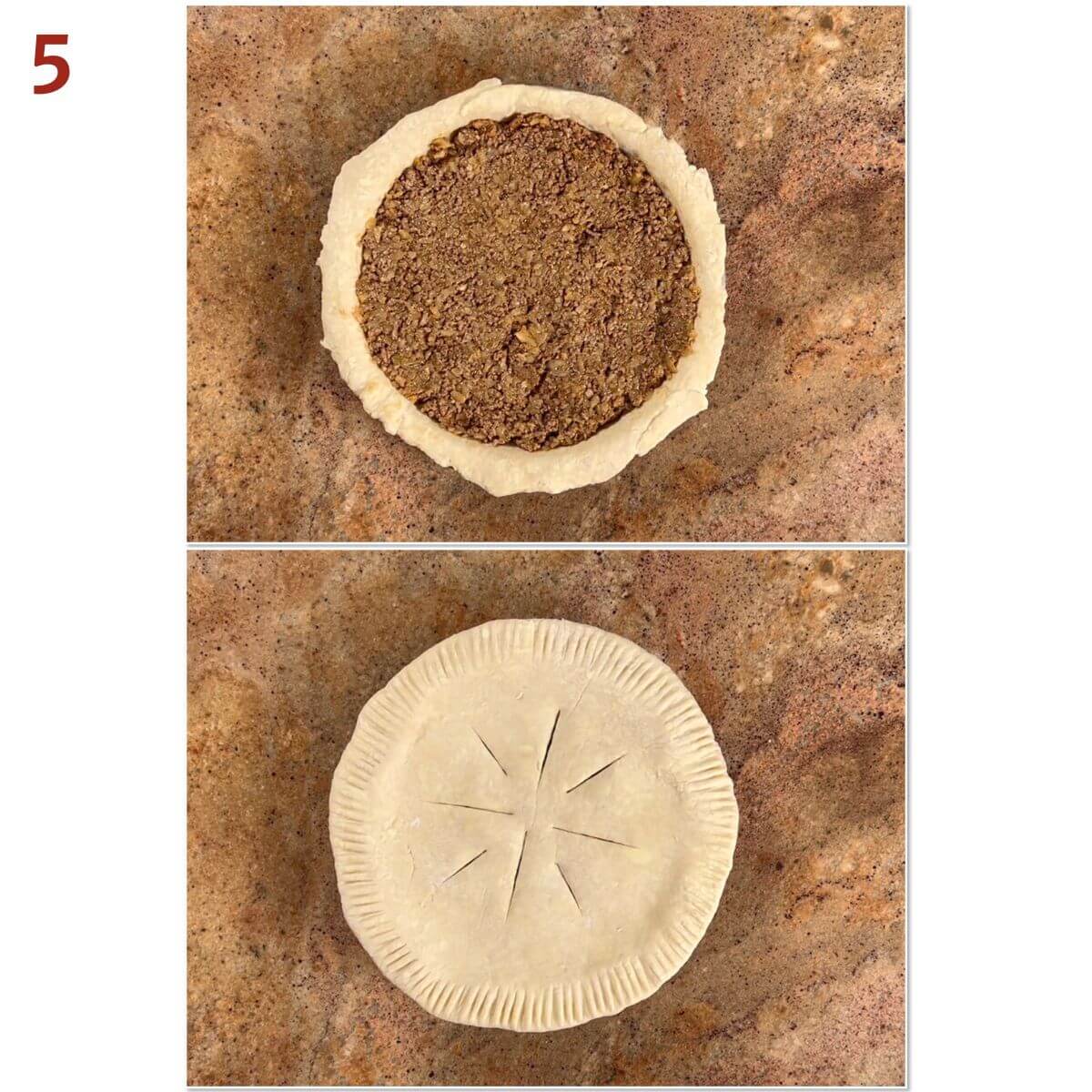 Collage of transferring filling to pie crust and sealed and vented top crust.