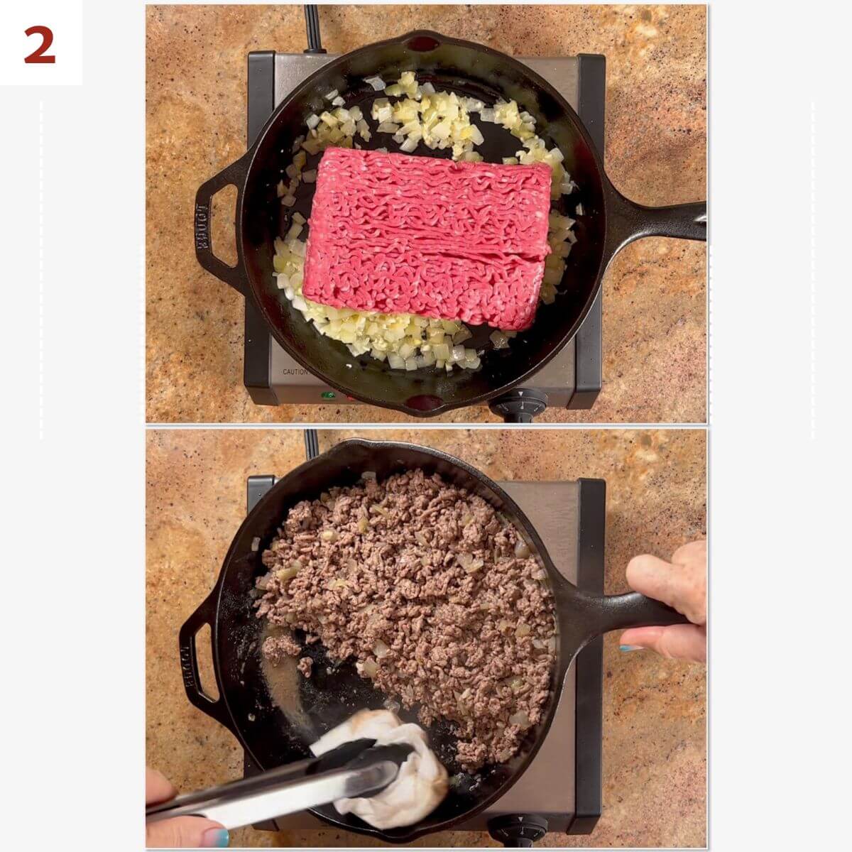 Collage of adding ground beef to onion mixture and draining pan with a paper towel held by tongs.