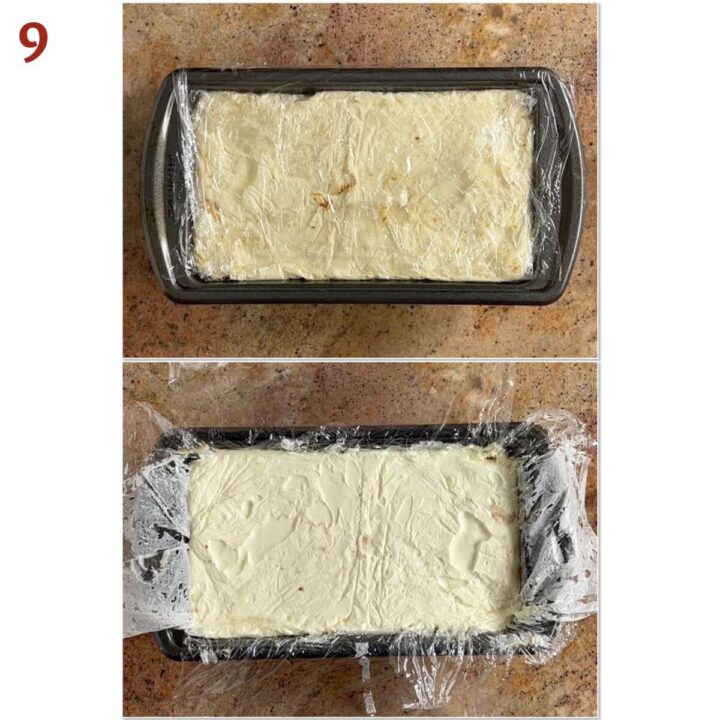 Collage of before and after chilling the Tiramisu loaf wrapped in plastic wrap.