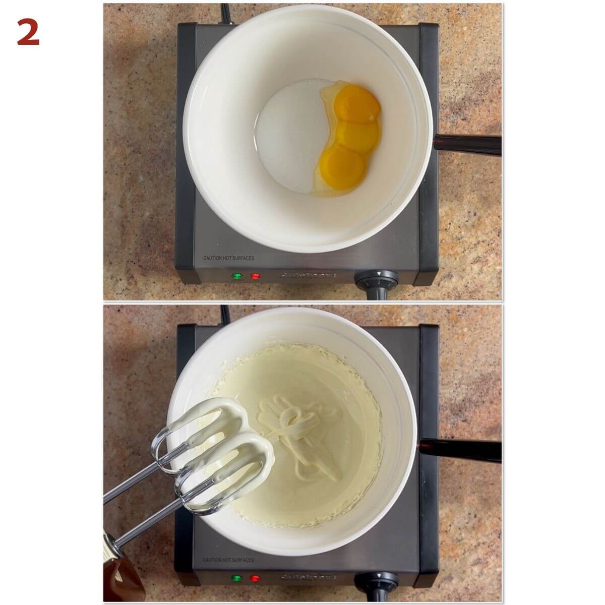 Collage of before and after beating sugar and egg yolks over a double boiler to make sabayon.