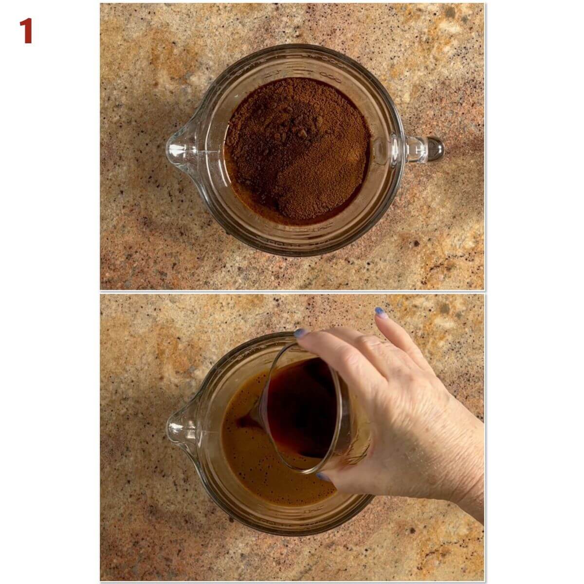 Collage of combining espresso powder with hot water, then pouring in Kahlua.