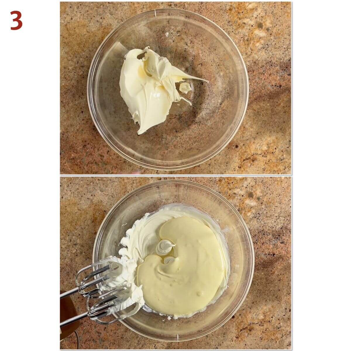 Collage of combining mascarpone cheese with rum, then adding it to the warm sabayon.