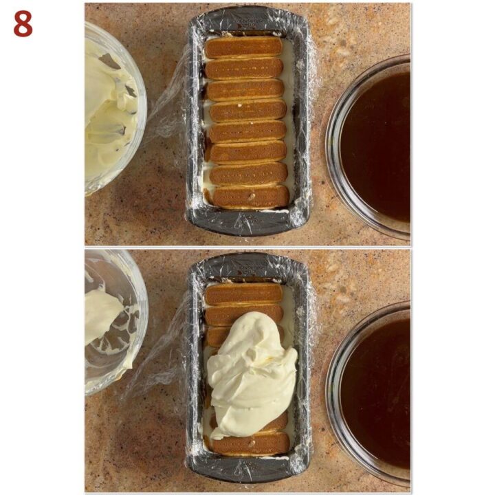 Collage of layering the ladyfingers and mascarpone cream for the third Tiramisu layer.