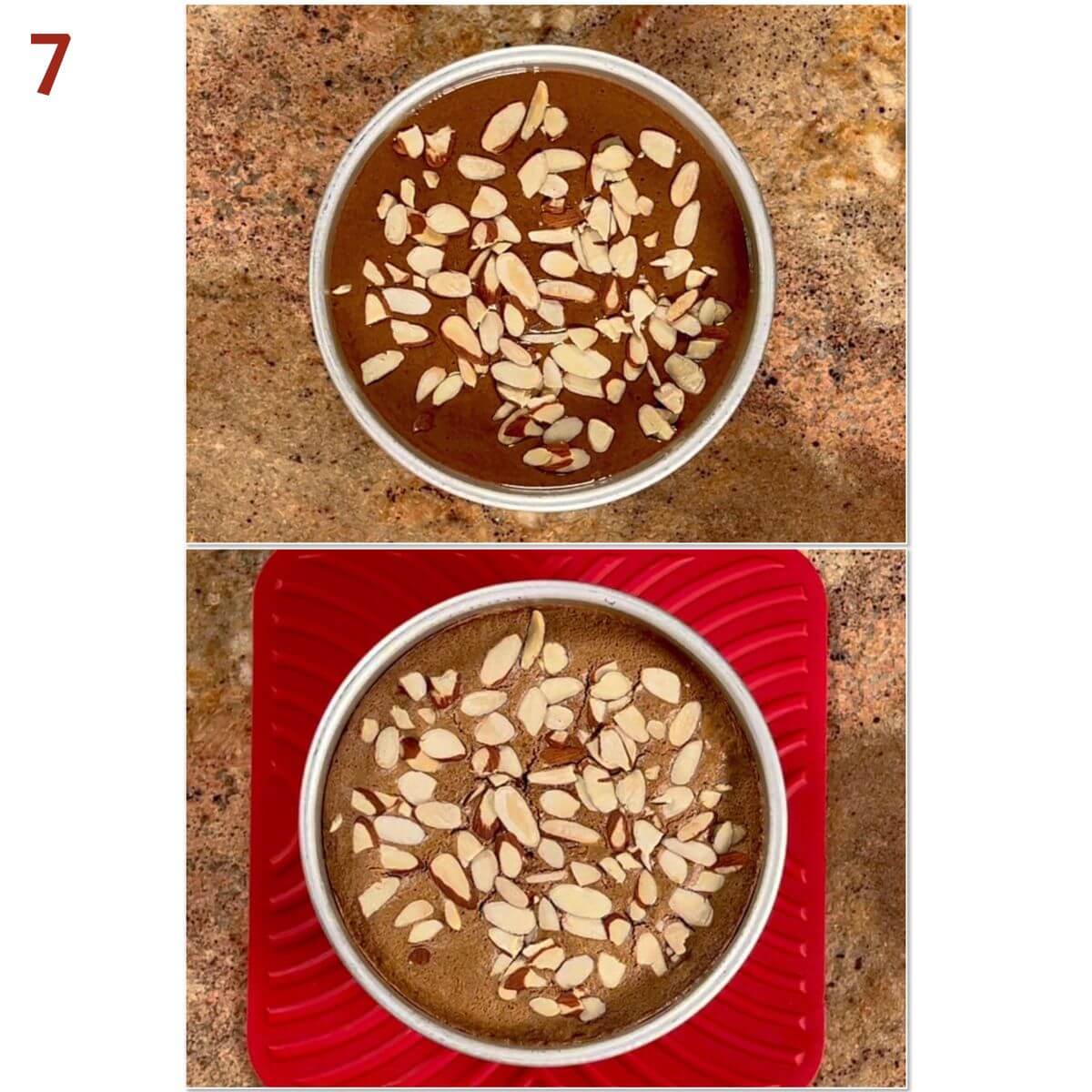 Collage of before and after baking the cake.