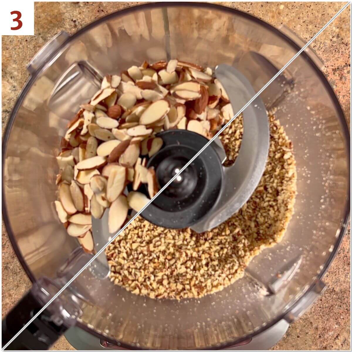 Collage of before and after chopping the almonds in a food processor.