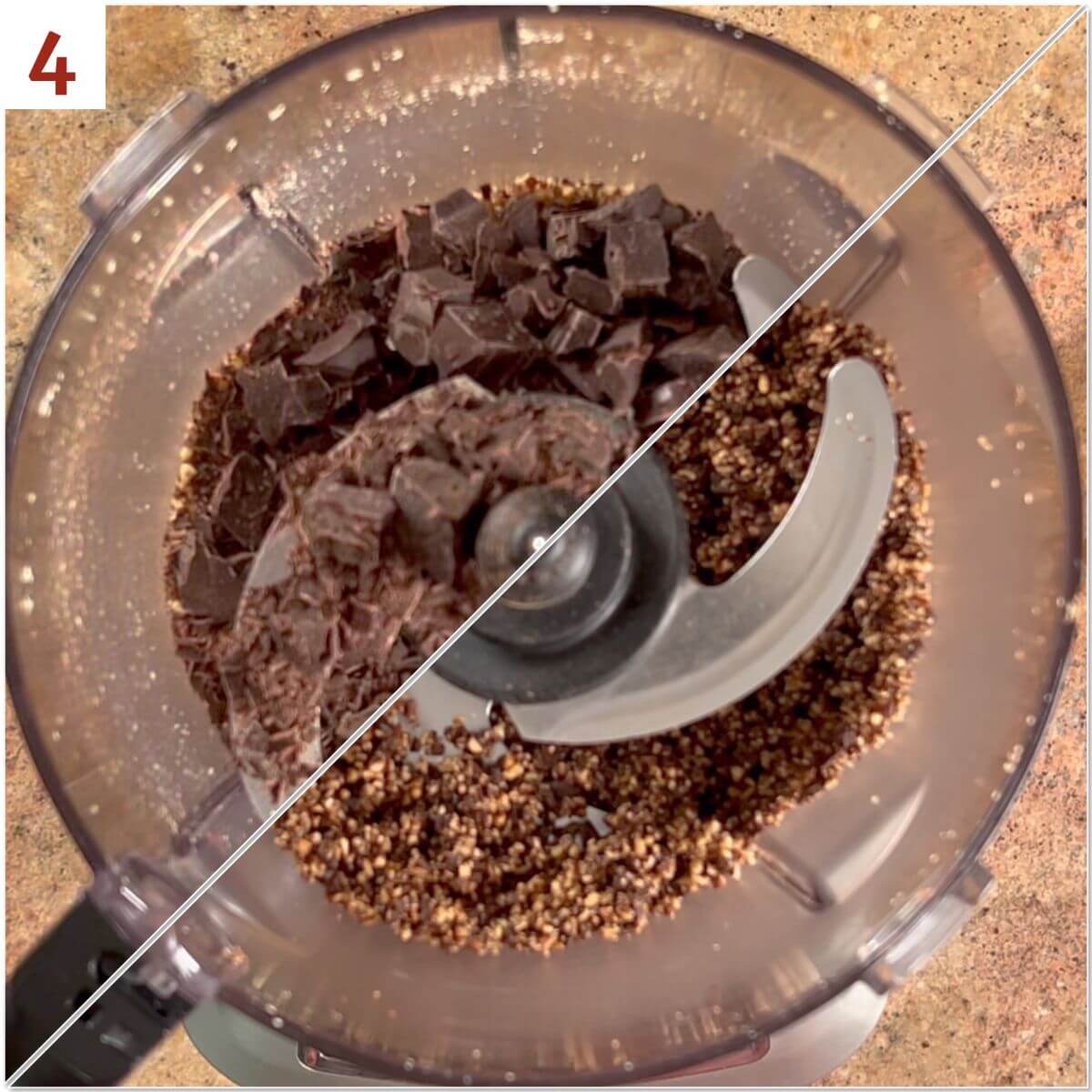 Collage of before and after chopping chocolate into the chopped almonds in a food processor.