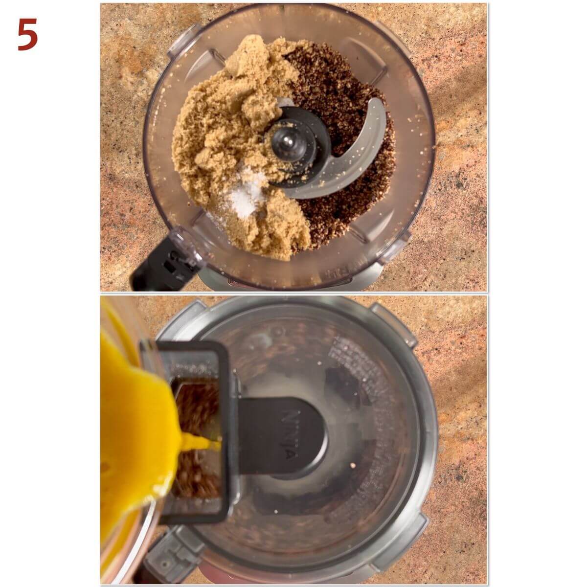 Collage of adding brown sugar and salt to almond mixture in a food processor, then pouring in the egg mixture while the machine is running.