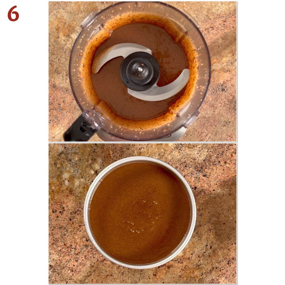 Collage of the finished cake batter in a food processor and in a round cake pan.