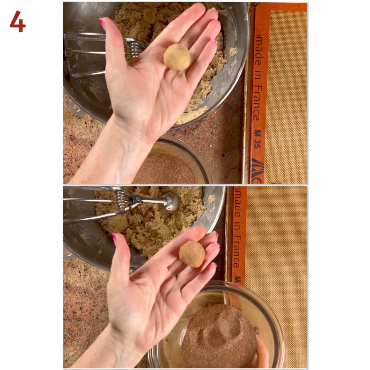 Collage of rolling cookie dough into a ball then into cinnamon sugar.