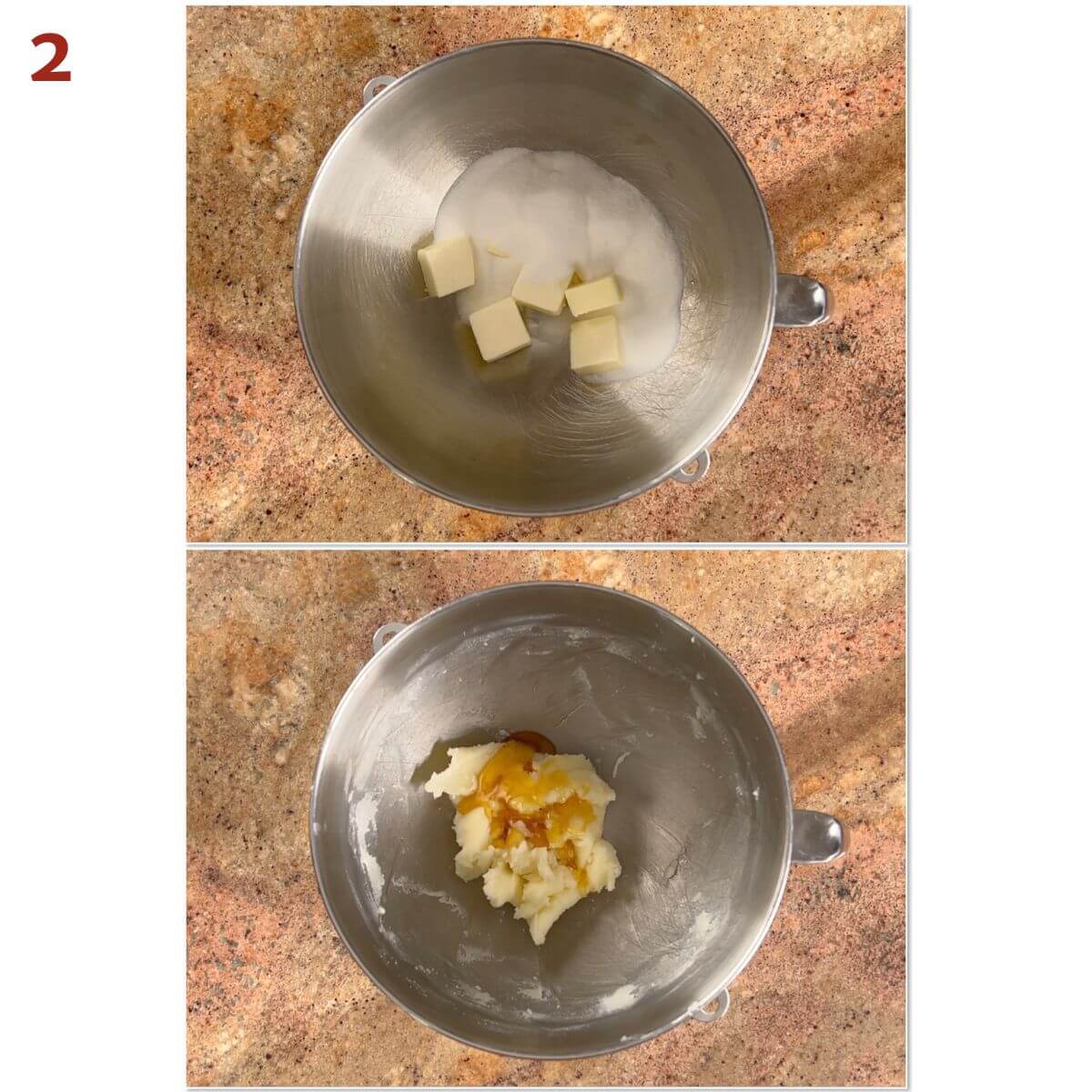 Collage of mixing sugar, butter, and honey for cookie dough.