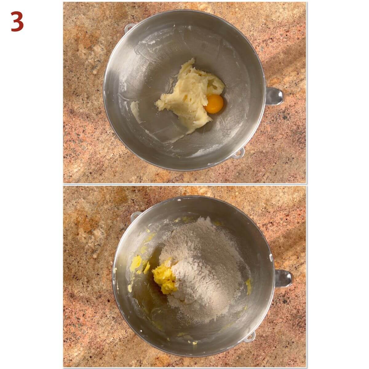 Collage of adding egg yolk and flour mixture to cookie dough.