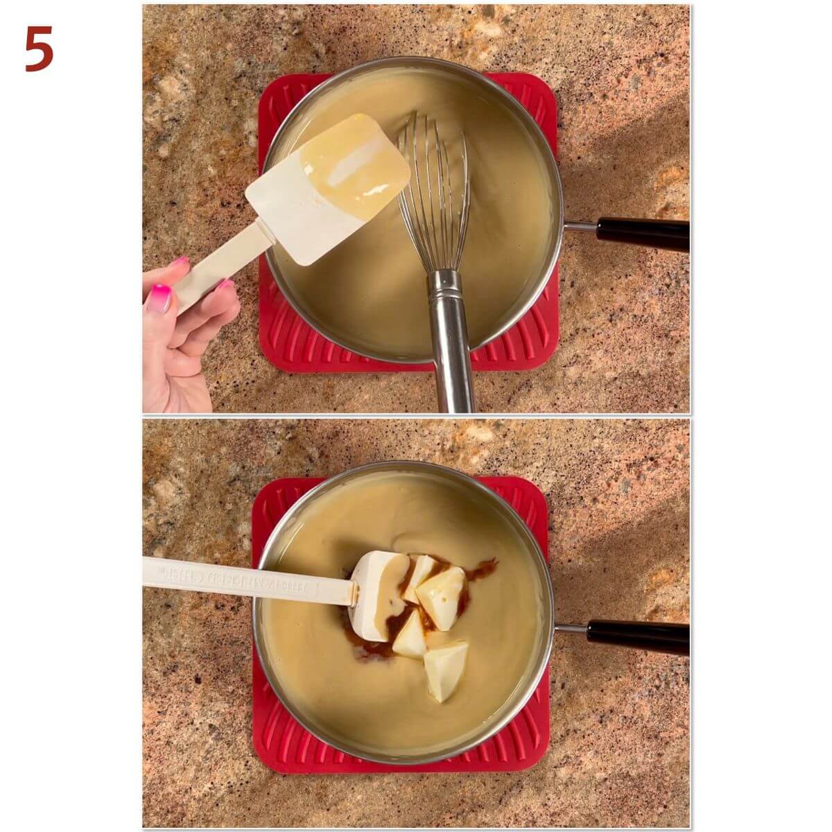 Collage of showing the thickened cooked pudding on the back of a spoon and adding butter and vanilla.