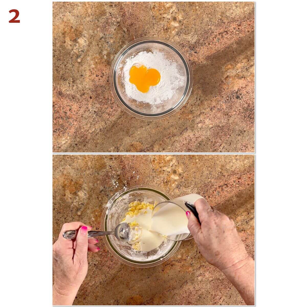 Collage of mixing cornstarch, egg yolks, heavy cream, and salt in a small bowl.