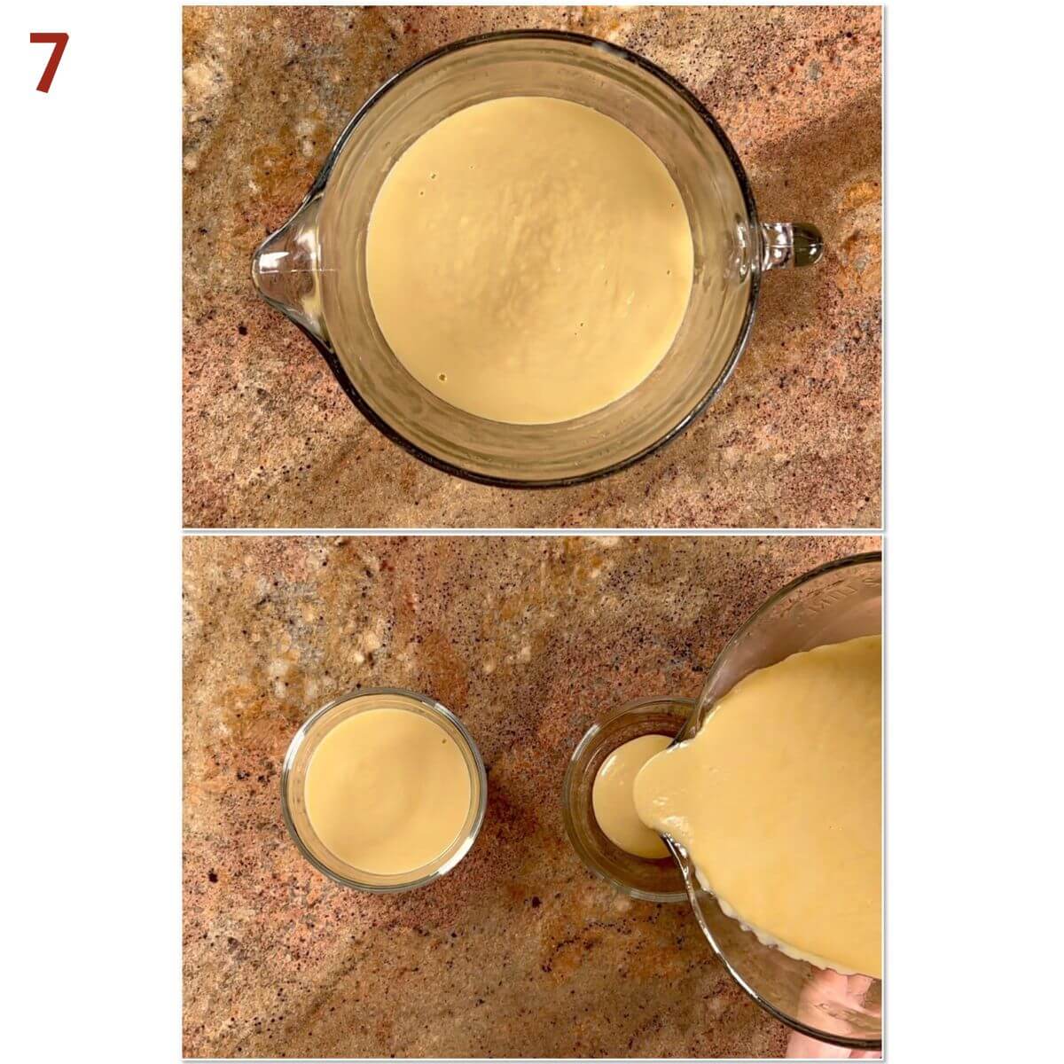 Collage of before and after portioning pudding into serving bowls.