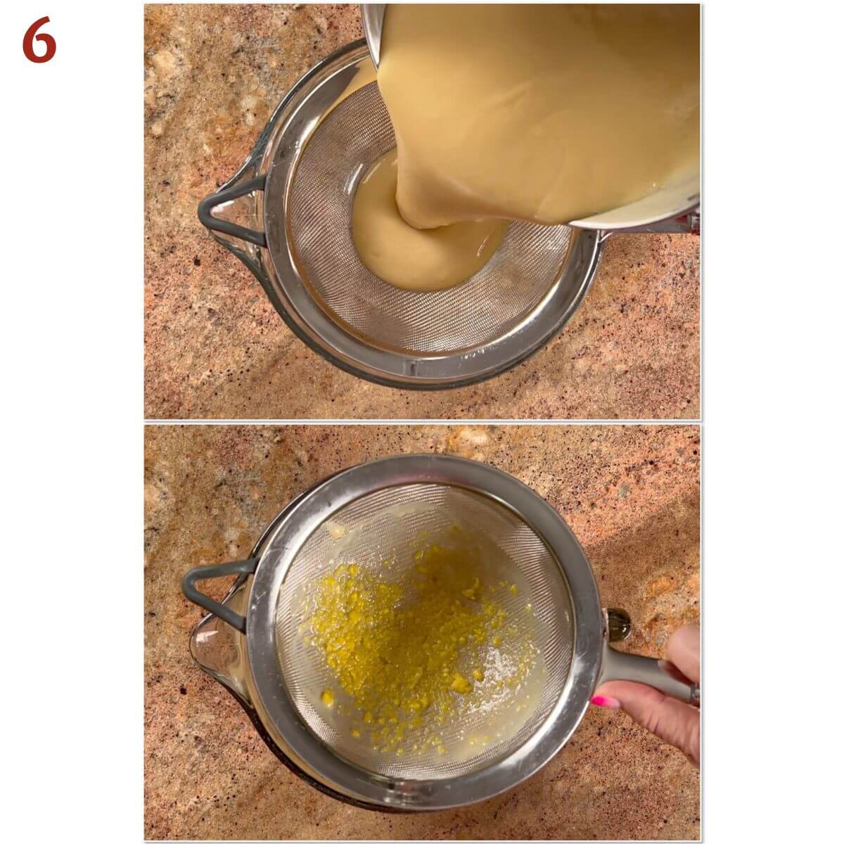 Collage of straining the cooked pudding into a bowl.