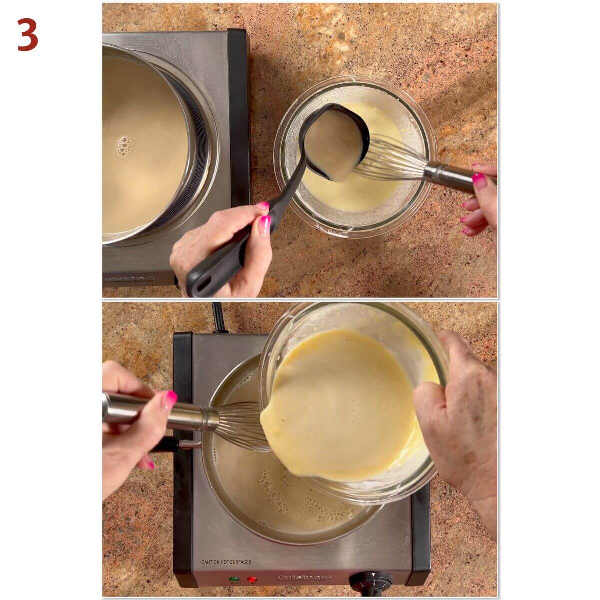 Collage of tempering the hot milk mixture into the egg yolk mixture.