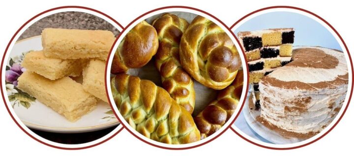 Collage of shortbread on a plate, challah loaves, and checkerboard cake with slice lifted.