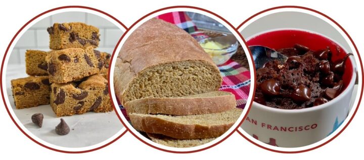 Collage of stack of chocolate chip cookie bars, sliced colonial bread, and chocolate microwave mug cake.