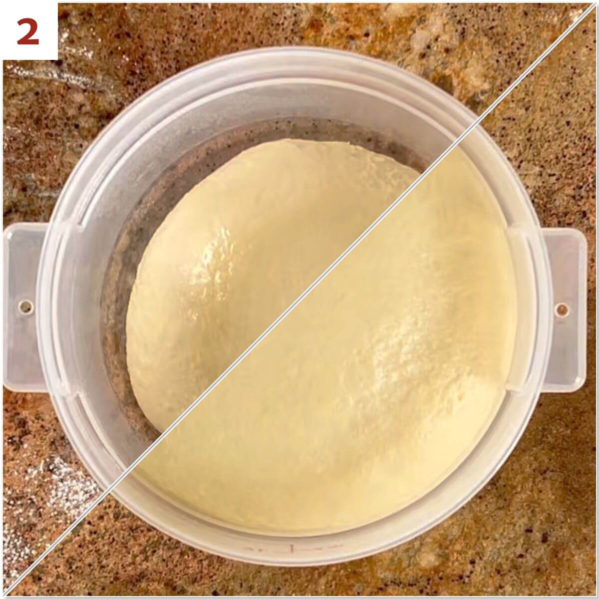 Collage of dough in a clear bucket before and after the first rise from overhead.