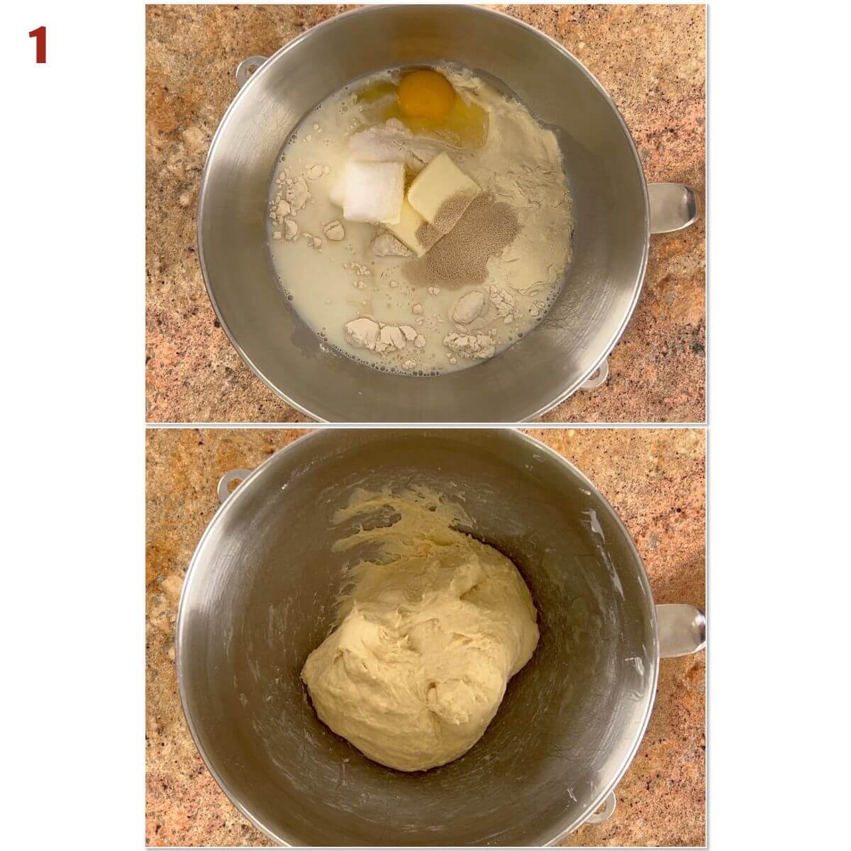 Collage of before and after mixing the bread ingredients into dough.