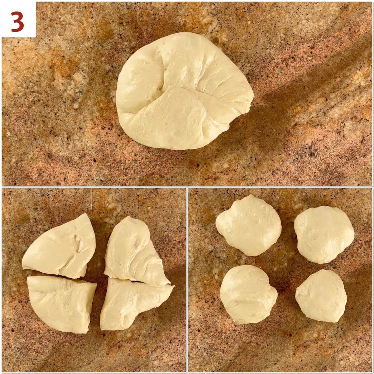 Collage of cutting risen dough into four pieces and shaping into a rough ball.