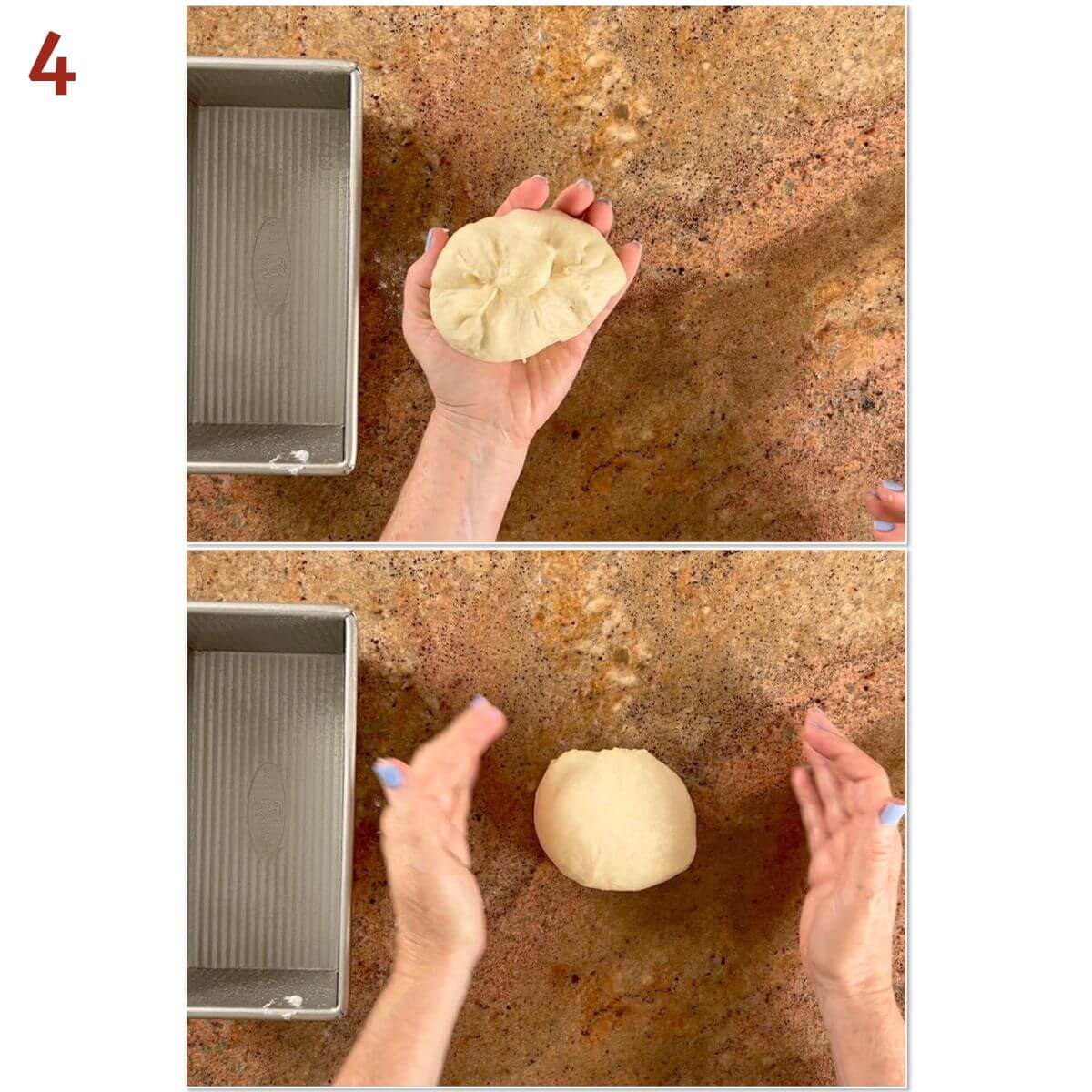Collage of shaping dough pieces into a ball.
