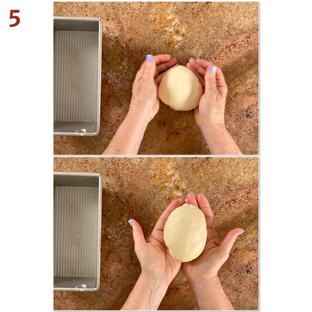 Collage of tightening dough ball and shaping it into an oval.