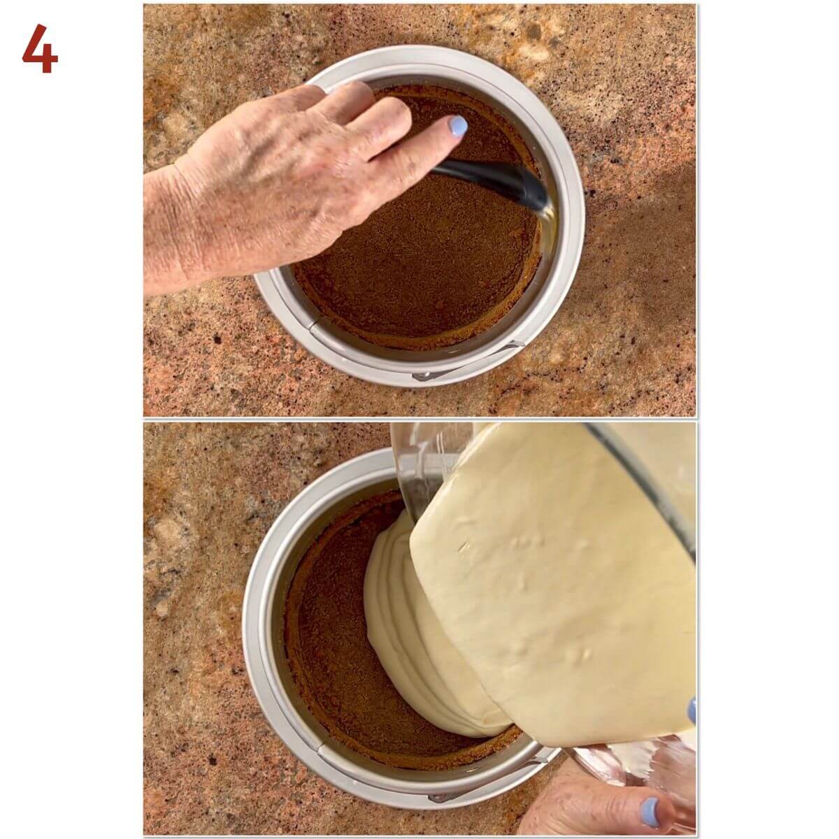 Collage of brushing pan with melted butter, then pouring in the cheesecake batter.