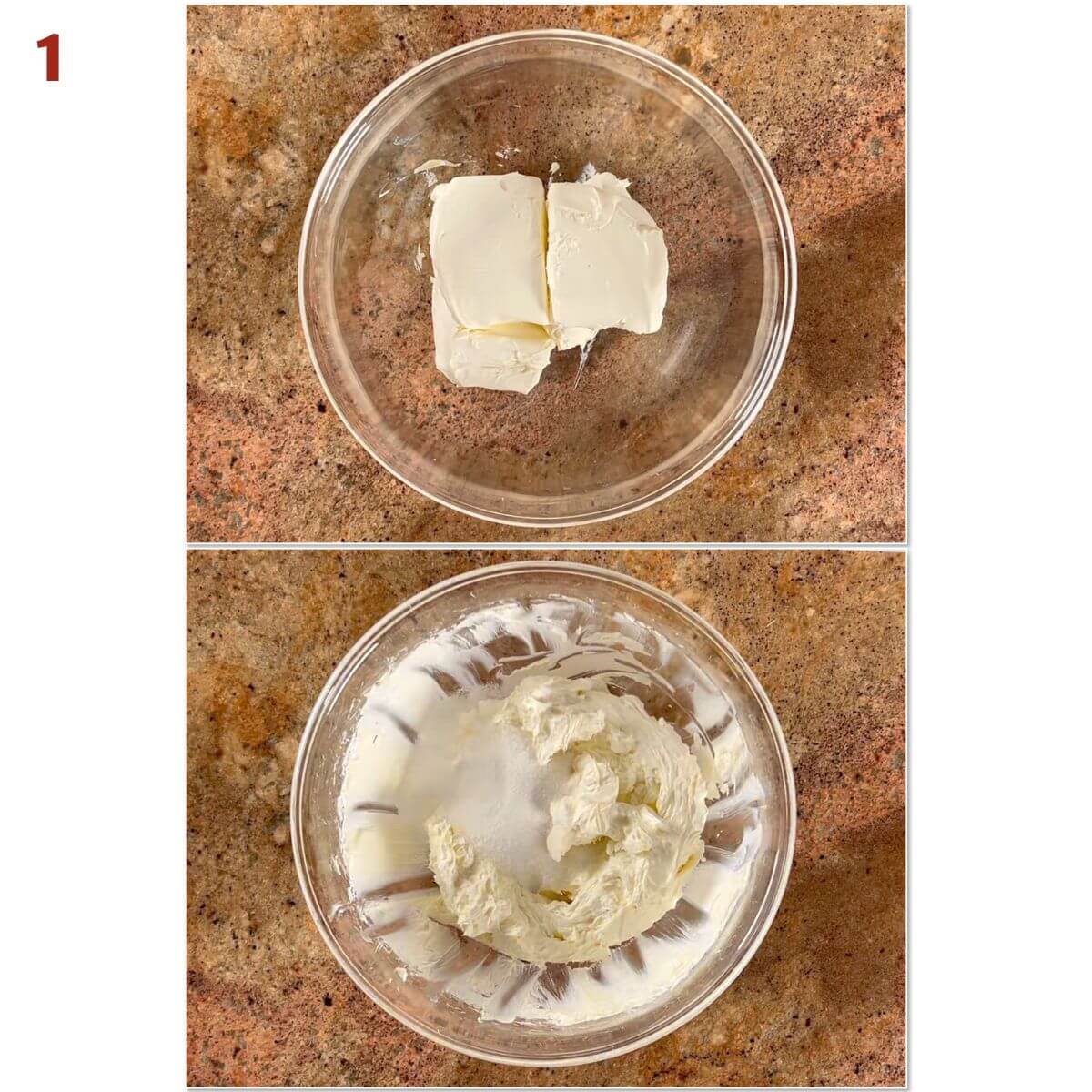 Collage of whipping cream cheese and sugar together until smooth.