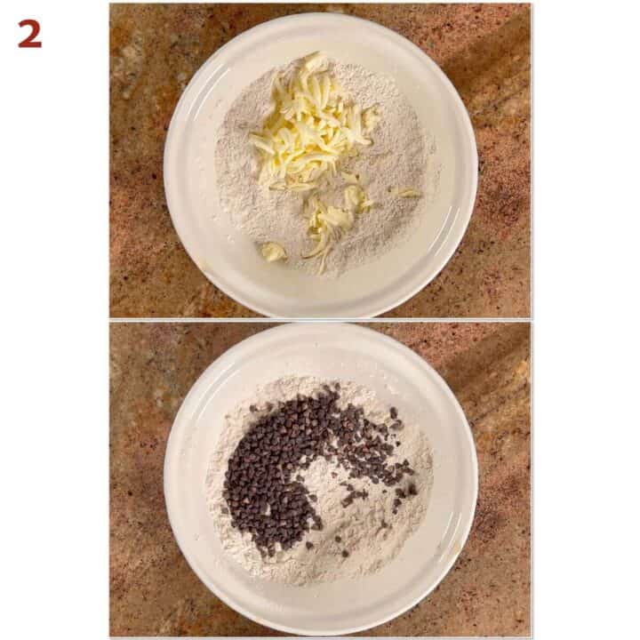 Collage of adding butter to the flour mixture, and folding in chocolate chips after the butter has been cut in.