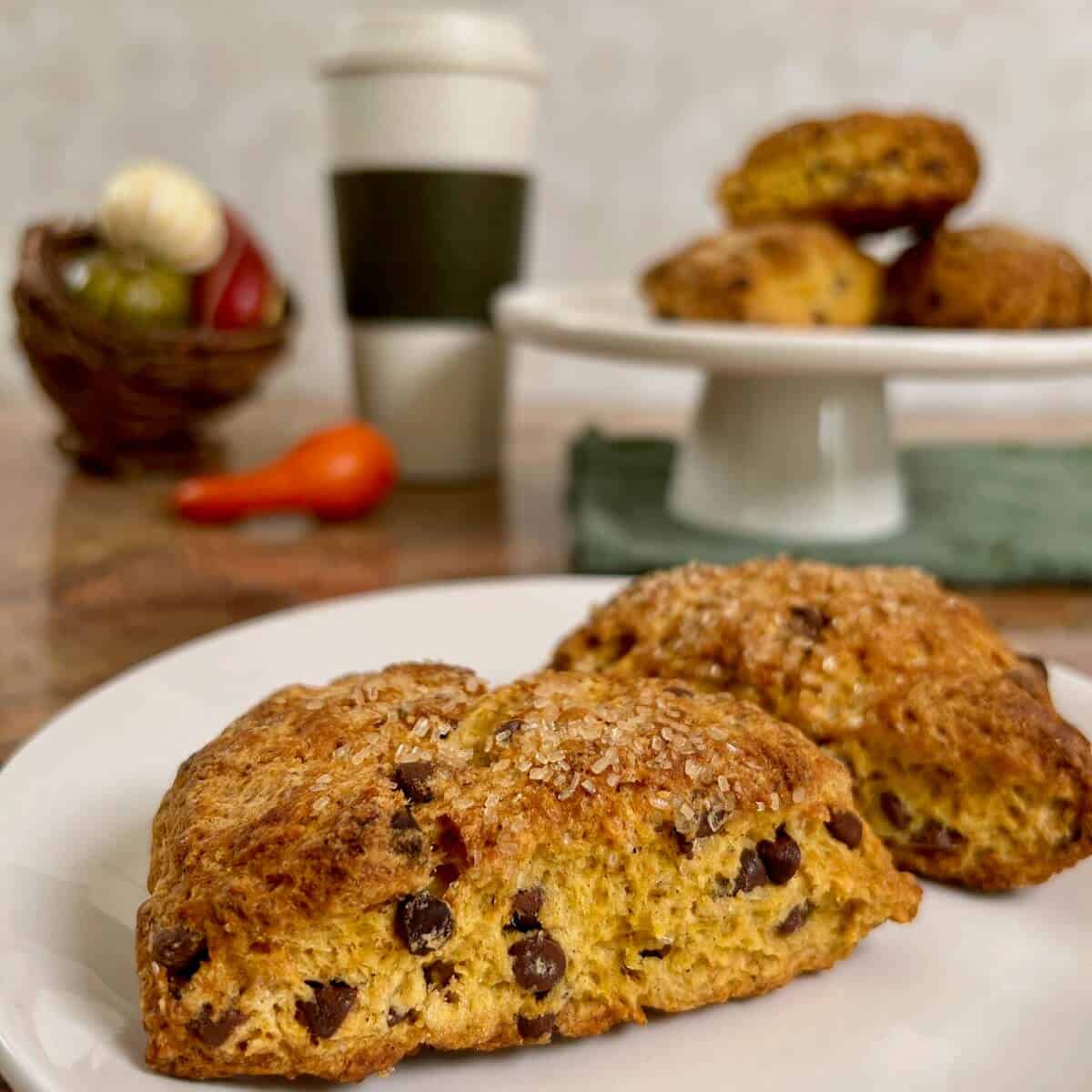 Two Pumpkin Chocolate Chip Scones on a white plate with three more stacked on a white cake stand next to a coffee cup and basket of small pumpkins behind.