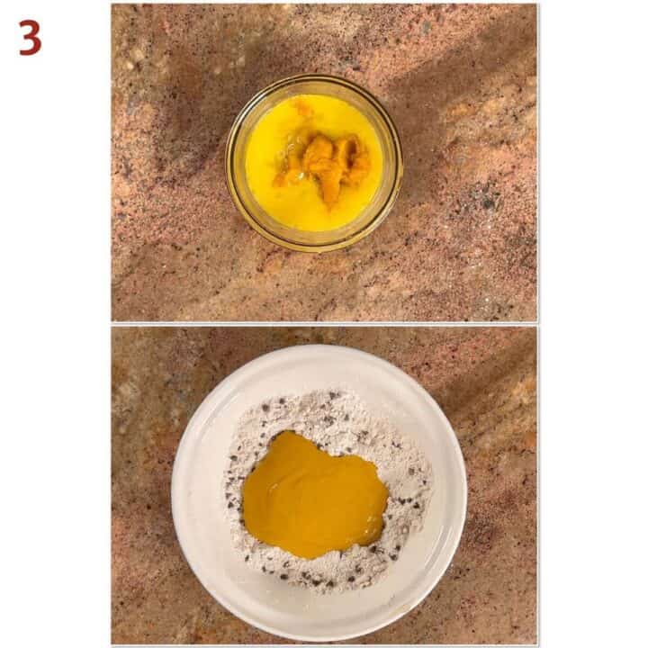 Collage of mixing eggs and pumpkin purée before adding it to the flour mixture.