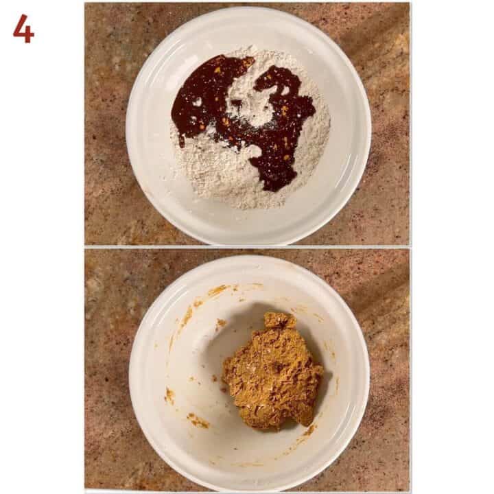Collage of before and after adding the molasses mixture to the flour mixture and the finished dough.