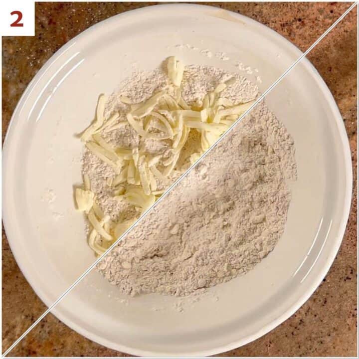 Collage of before and after cutting butter into the flour mixture.