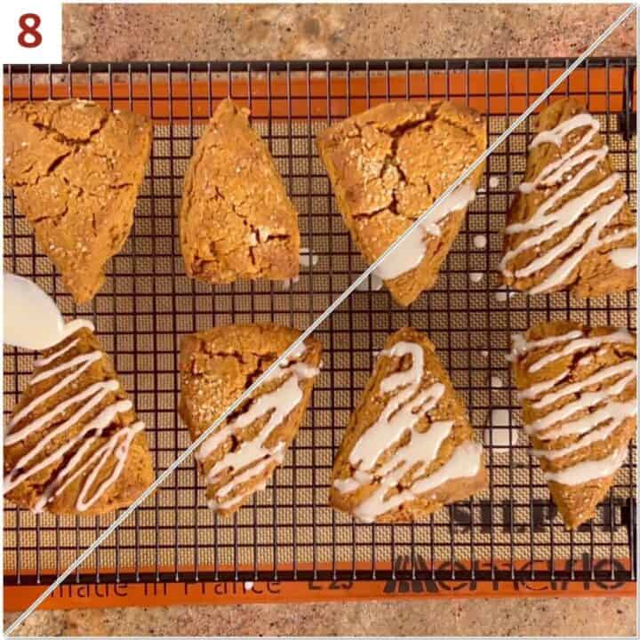 Collage of before and after drizzling icing onto scones on a cooling rack.