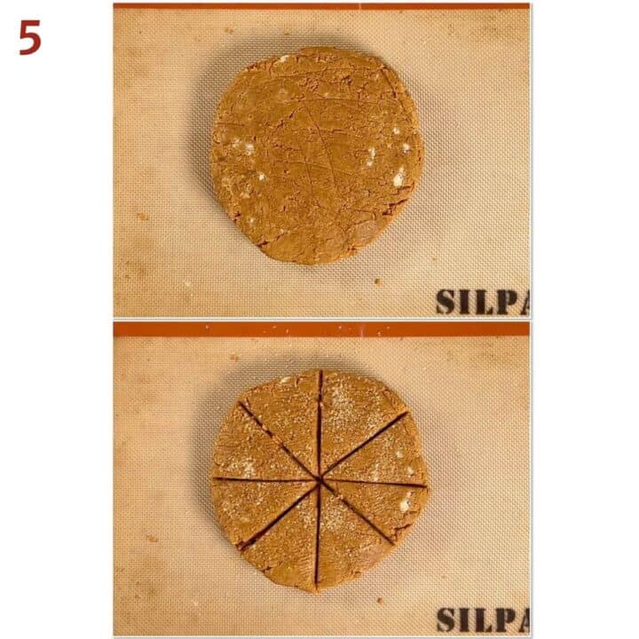 Collage of before and after portioning a disk of gingerbread scone dough into 8 wedges.