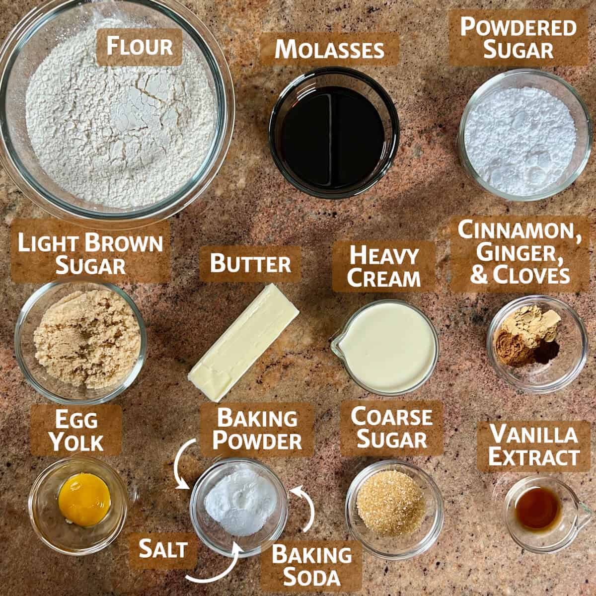 Ingredients for gingerbread scones portioned into glass bowls.