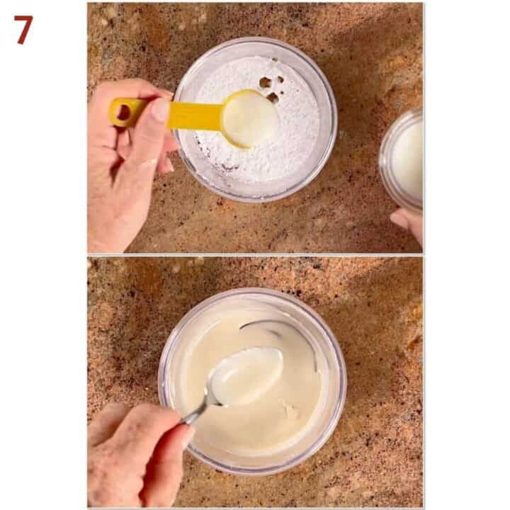 Collage of mixing icing ingredients and checking for consistency.