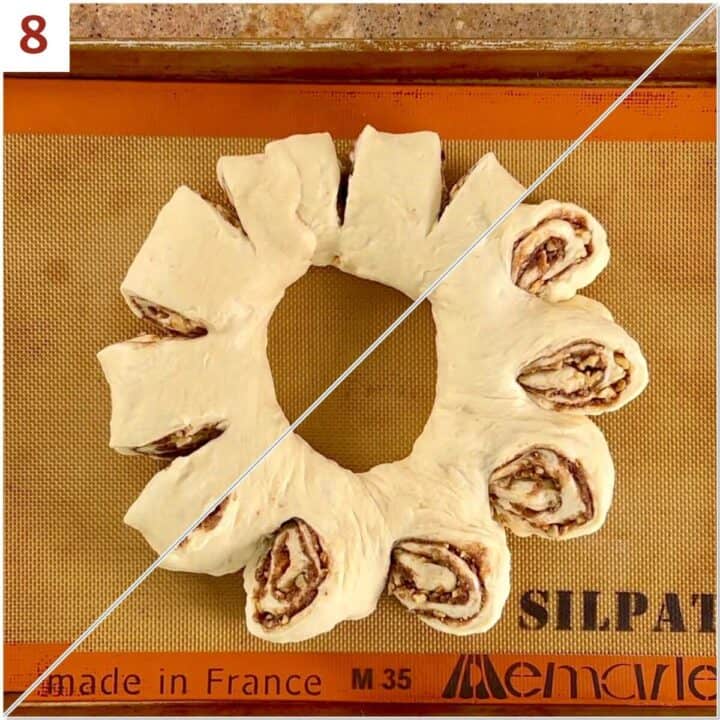 Collage of cutting the edges into slices and turning them to expose the spiral.