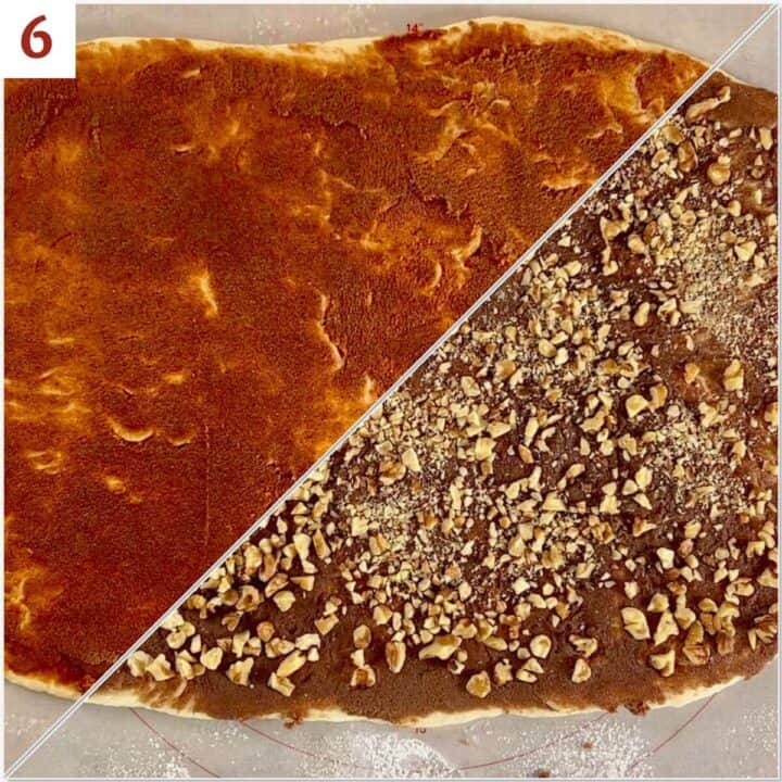 Collage of spreading the filling on the rolled out dough and topping it with chopped walnuts.