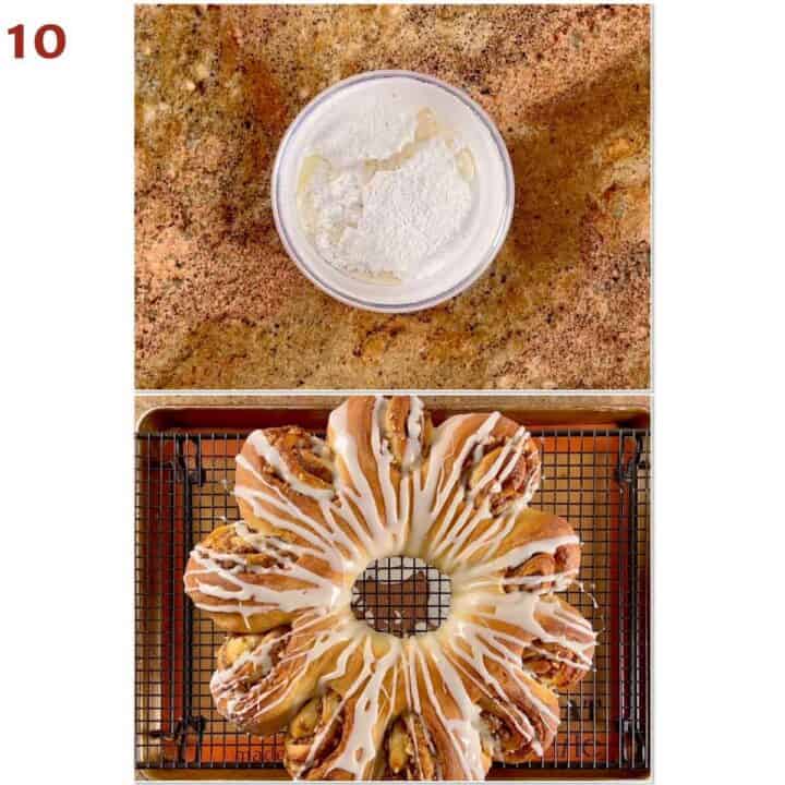 Collage of mixing the icing ingredients and the finished drizzled tea ring on a cooling rack.