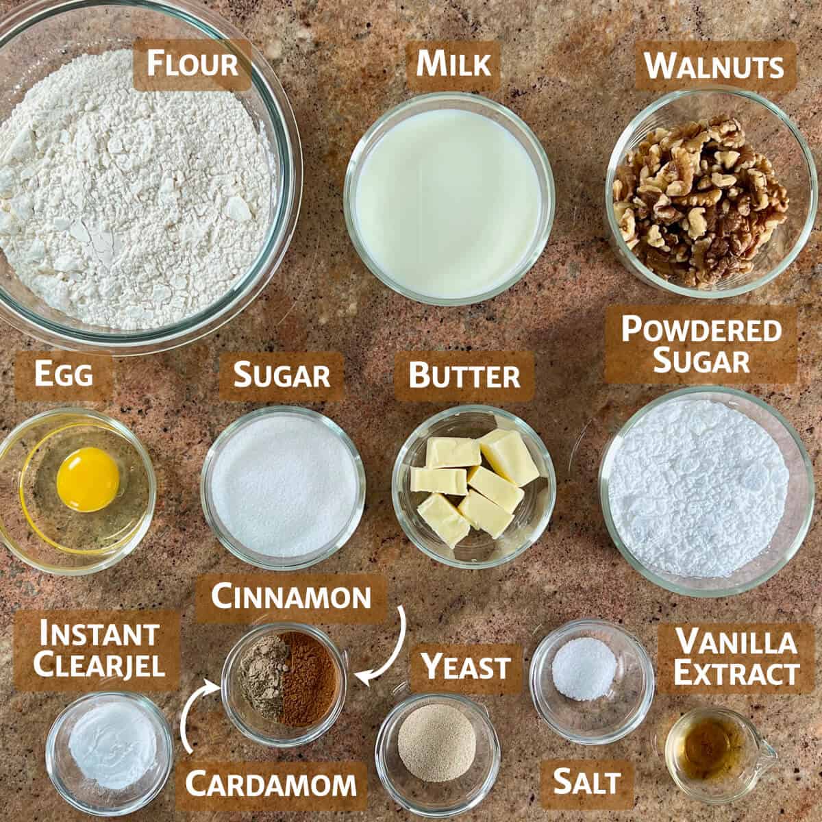 Ingredients for the tea ring portioned into glass bowls.