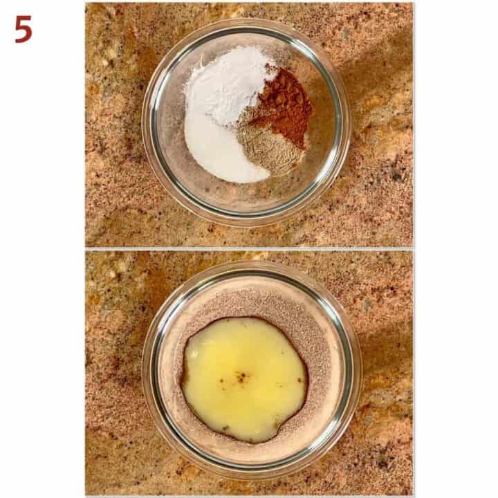 Collage of mixing the filling ingredients in a glass bowl.