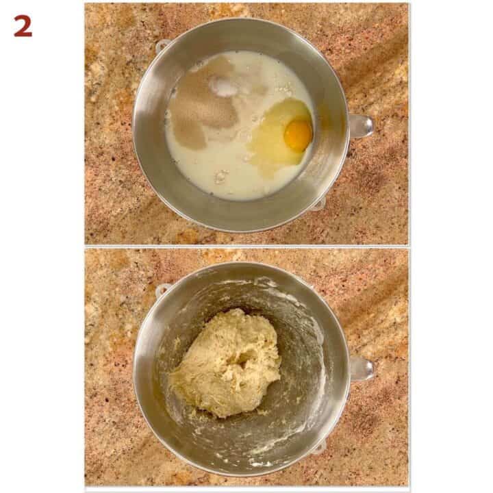 Collage of before and after mixing rthe dough ingredients.