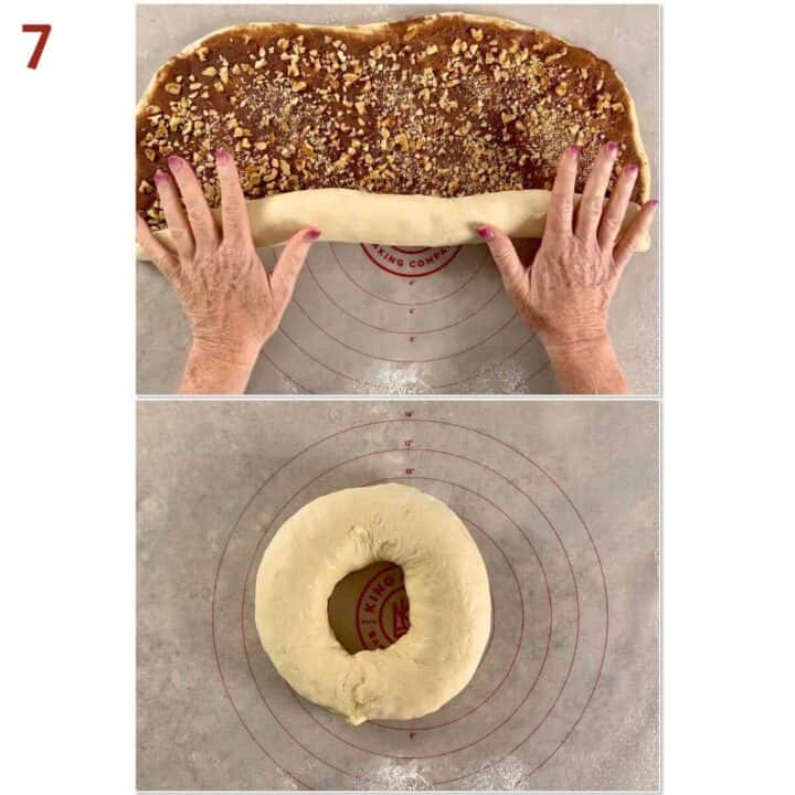 Collage of rolling up the filled dough into a log and shaping it into a ring.