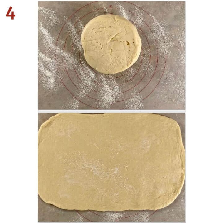 Collage of before and after rolling out the dough into a rectangle.
